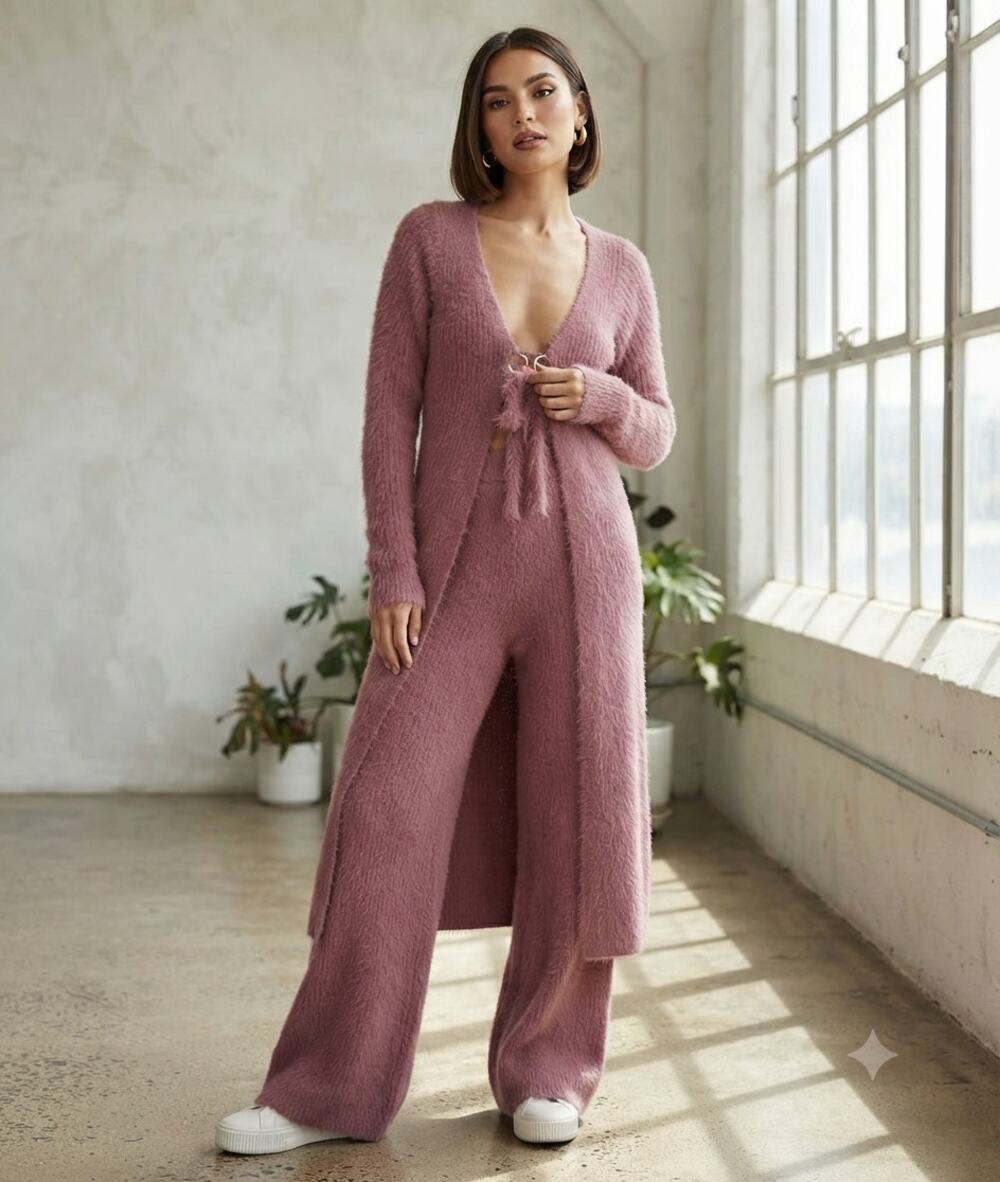 The Ragged Priest Fuzzy Knit 2-Piece Set Longline Cardigan Wide Leg Pants Sz L
